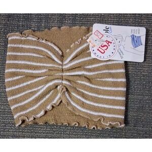 Vtg Tan White Striped Tube Top Ruched  Cotton Knit Bandeau One Size 1980's NOS